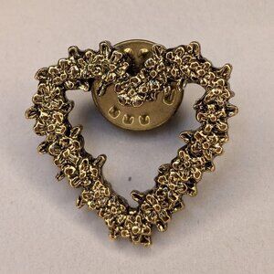 Gold Tone Floral Heart Wreath Brooch Lapel Pin, Vintage
